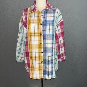 AMOLI Multi-Color Block Plaid Flannel Shirt Shacket - Oversized - Women's Small